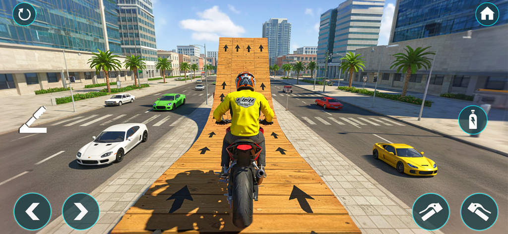 City Bike Driving 3D Openworld - A motorcycle rider in a yellow jacket riding up a wooden stunt ramp in a 3D city open world game