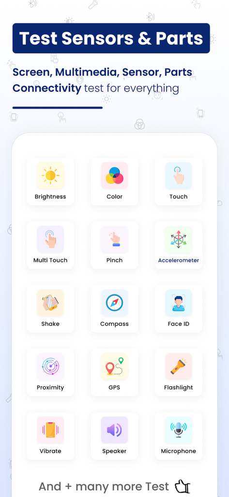 Check My Device : 40+ Tests - Interface of the Check My Device app showing icons for various hardware tests including Face ID GPS and sensors