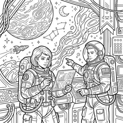 Blast off into a world of creativity with this captivating coloring page featuring two brave Astronaut Commanders. Explore the intricate details of their space mission as they navigate the cosmos.