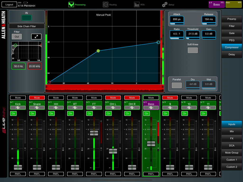 Interface of the dLive MixPad app showing compressor settings and audio channel faders for a live mix