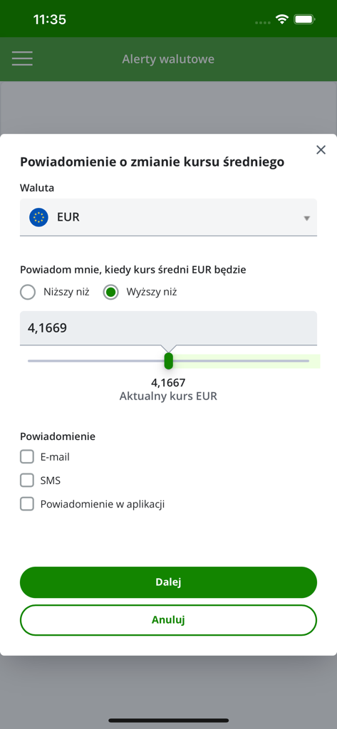 Impostazione di un avviso valutario per il tasso di cambio EUR nell'app mobile InternetowyKantor