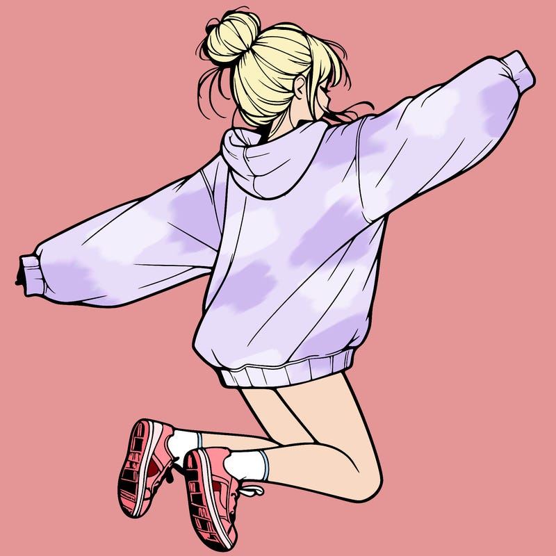 realistic girl jumping with a bun and oversized sweatshirt