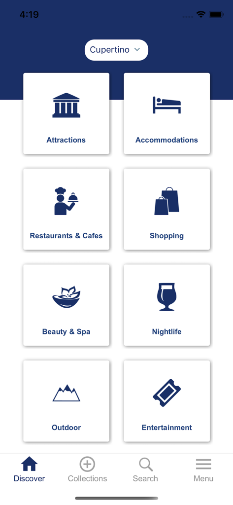 Screenshot of the cityseeker app home screen showing travel category icons for Cupertino.