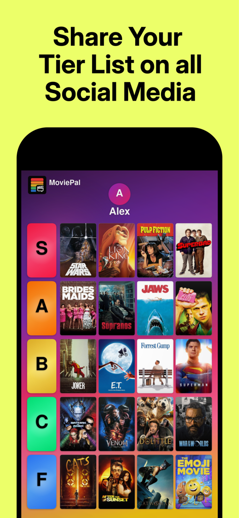 MoviePal - Find Movies & Shows - Una lista de nivel de rankings de películas en la aplicación MoviePal que muestra películas categorizadas de nivel S a F, listas para ser compartidas en redes sociales.