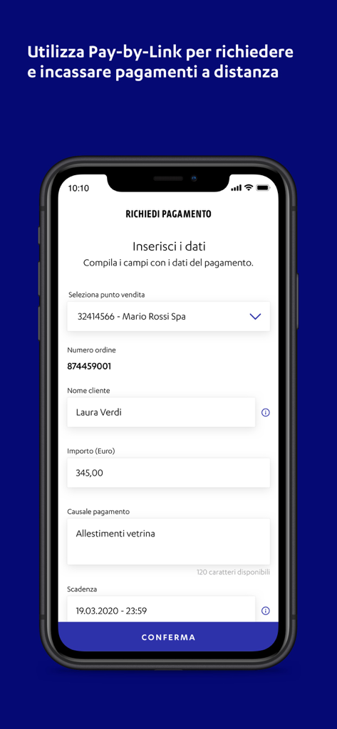 Interfaccia dell'app Nexi Business che mostra il modulo di richiesta di pagamento a distanza Pay-by-Link