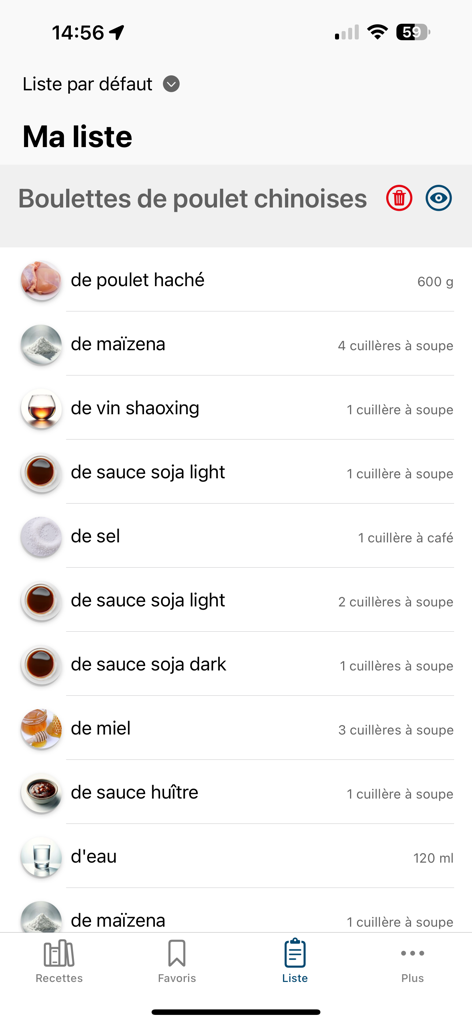 Cuisine Asiatique Maison - Una lista de compras detallada para una receta de albóndigas de pollo chinas dentro de la aplicación móvil Cocina Asiática Casera.