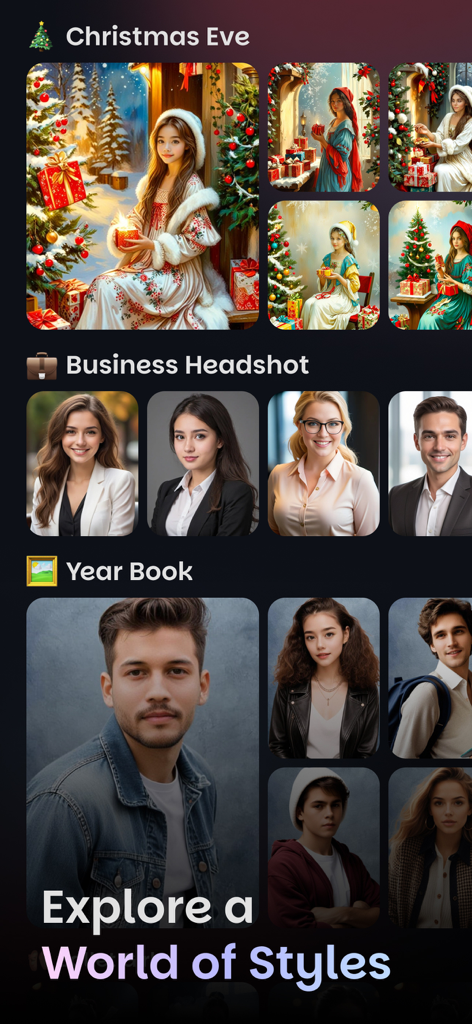 AI Photo Maker - Vintage Photo - Uma galeria de estilos de fotos gerados por IA com retratos de Natal, headshots de negócios profissionais e fotos de anuário vintage.