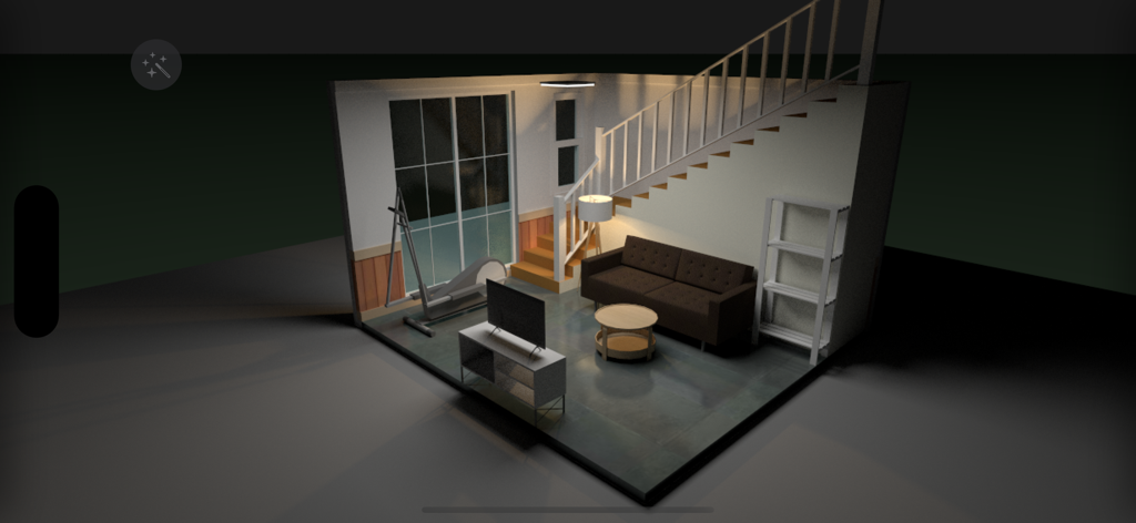 Renderizado de diseño de interiores en 3D de una sala de estar con sofá y escaleras