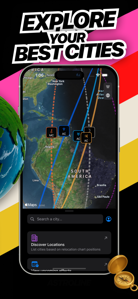 Astrocartography - Pathfinder - Pantalla de la aplicación Astrocartography Pathfinder que muestra líneas planetarias en un mapa para encontrar las mejores ciudades