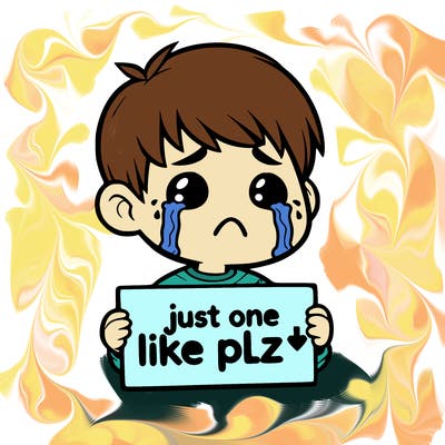 realistic crying boy with a sign saying just one like plz