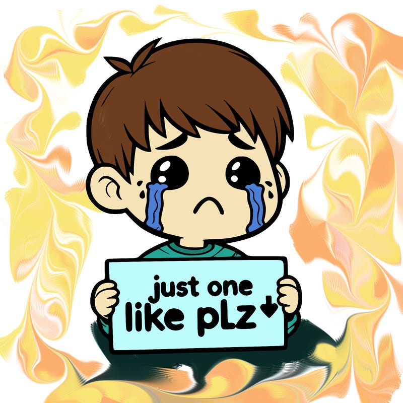 realistic crying boy with a sign saying just one like plz