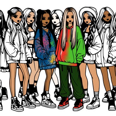 realistic group of girls and have long hair and short hair big clothes and braids