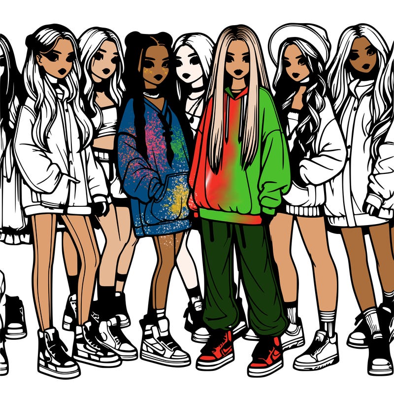 realistic group of girls and have long hair and short hair big clothes and braids