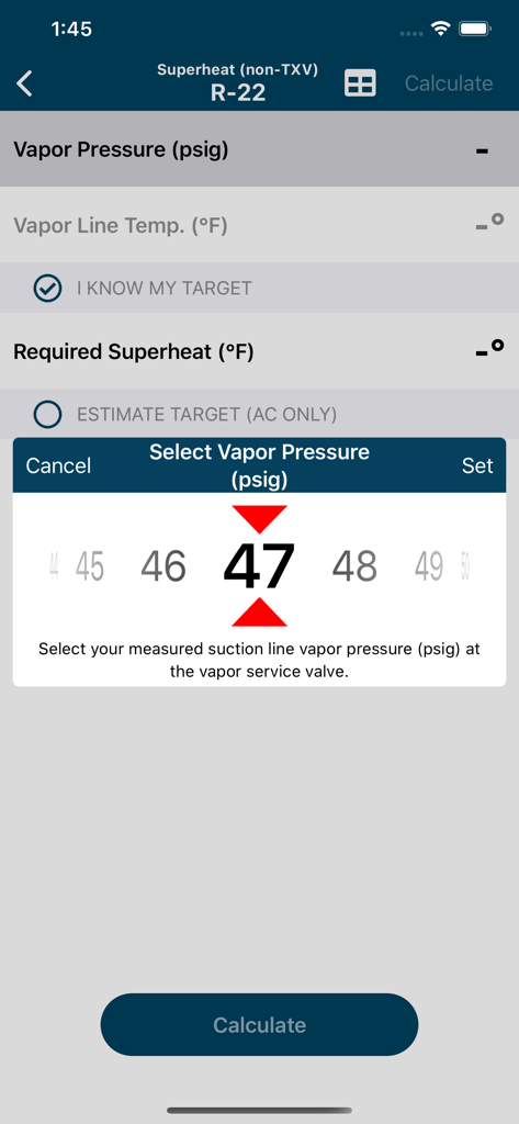 Selecting vapor pressure for R-22 superheat calculation in the HVACR Check and Charge mobile app