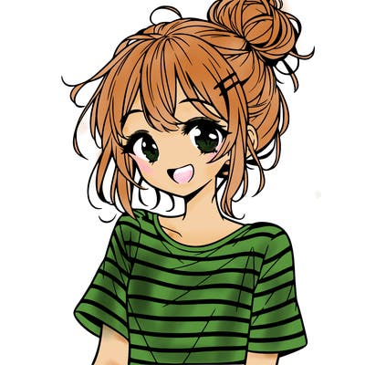 anime girl teenager striped shirt and smile and messy bun