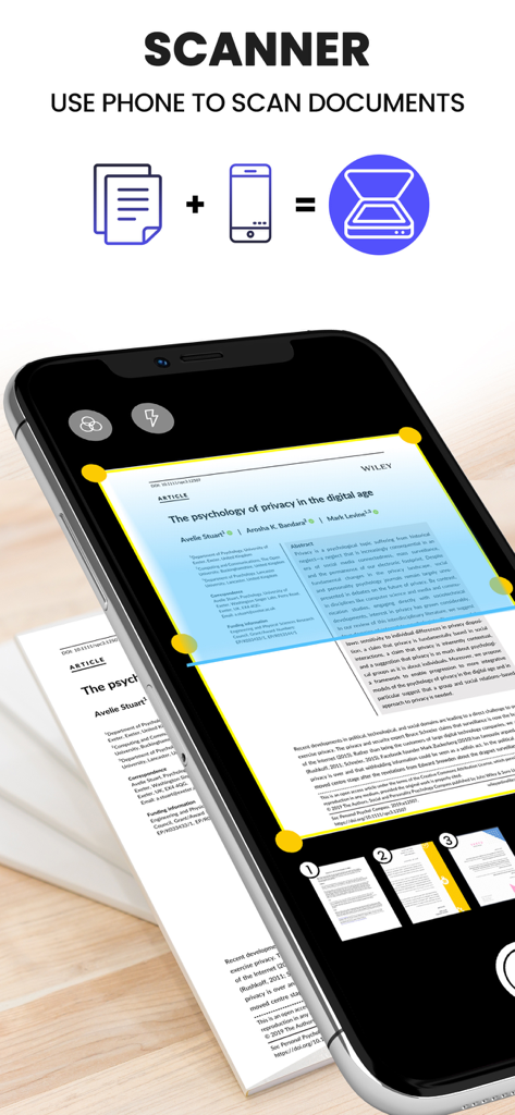 Scanner| Document PDF ScanLens - Ein Smartphone, das eine Dokumentenscanner-App verwendet, um ein Papierdokument mit automatischer Kantenerkennung zu erfassen und zuzuschneiden