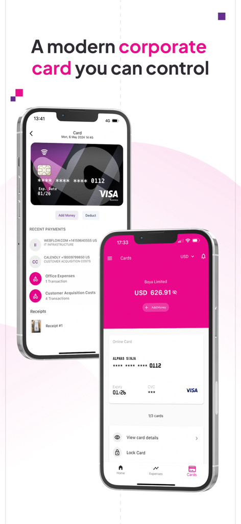 Boya - Interfaz de la aplicación móvil Boya mostrando tarjetas corporativas virtuales y seguimiento de gastos empresariales en tiempo real.