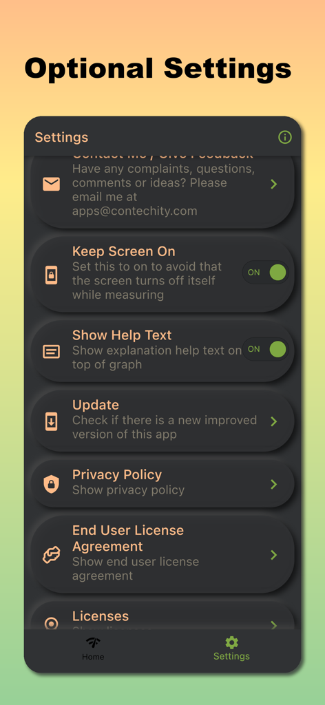 Flicker Meter for Light - PWM - Screenshot des optionalen Einstellungsmenüs in der Flicker Meter App mit Umschaltern für den Bildschirm-Timeout und Hilfetext.