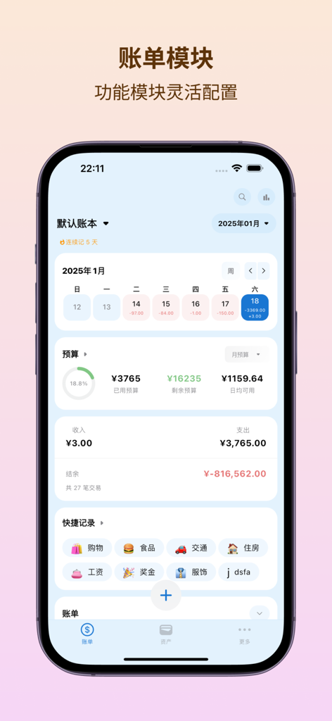Clean dashboard of the Dazhuan Yibi finance app showing budget tracking calendar and expense categories