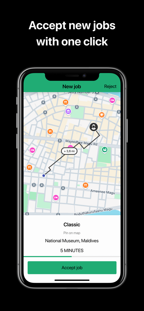 Nala Taxi Driver App - 몰디브에서 새로운 운행 요청을 수락하는 Nala Taxi 드라이버 앱 인터페이스