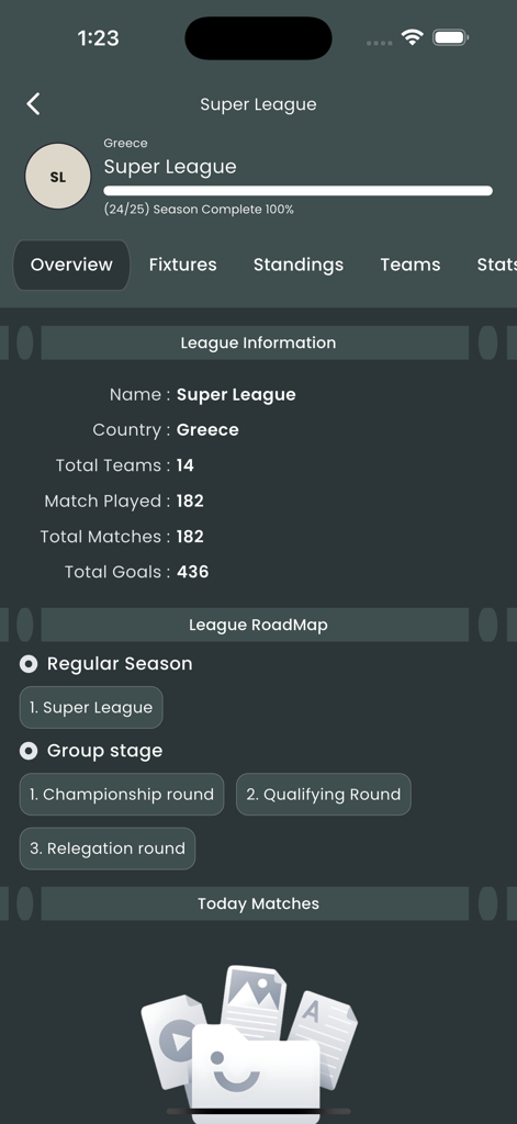 KUKI Football - KUKI Football app interface showing Greek Super League information and season roadmap in dark mode