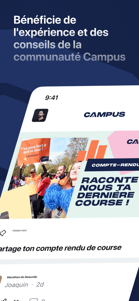 Interface of the Campus Communauté app showing running race reports and advice from the community