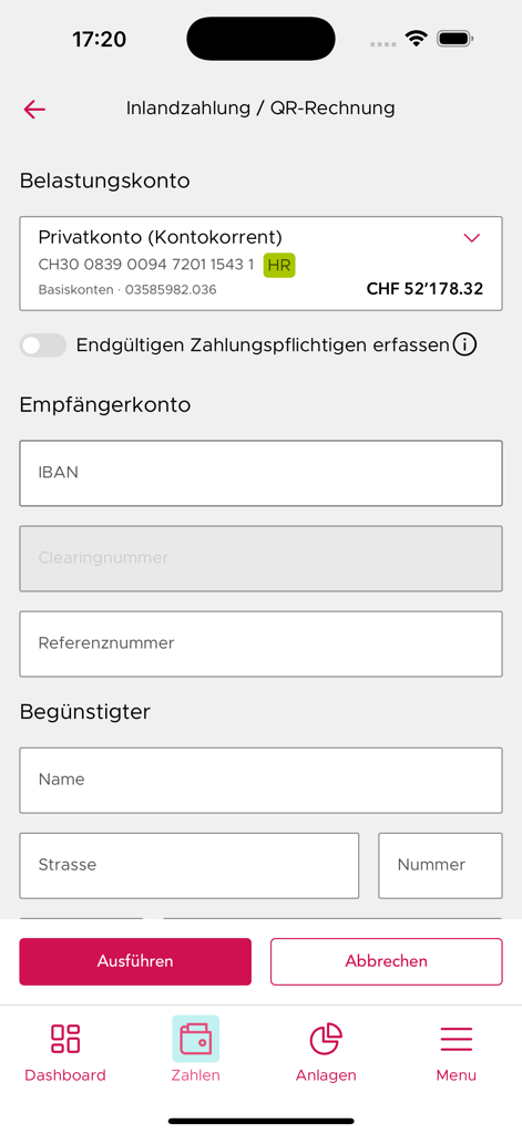 Tela de pagamento de faturas domésticas e QR no aplicativo ABS Banking Neu.