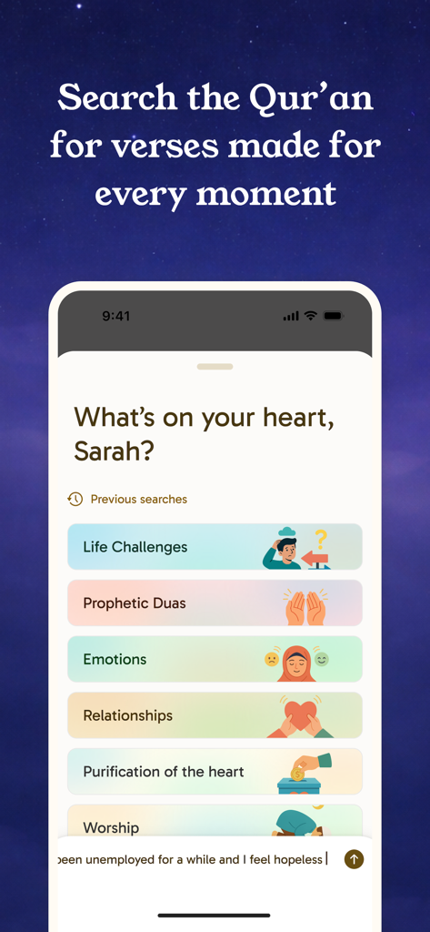 Yawm: Daily Quran Habit - Yawm app search screen showing categories like emotions and life challenges to find Quran verses.