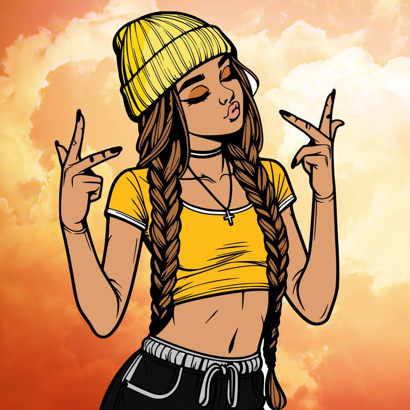 realistic teenage girl with braids and a beanie and crop top doing 🫶🏼