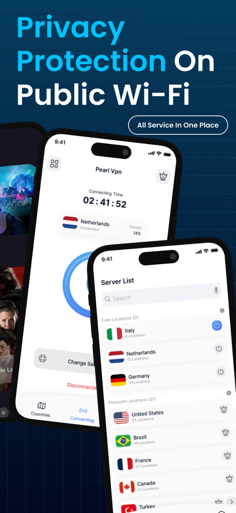 VPN Super Unlimited app interface showing privacy protection on public Wi-Fi and a global server list including USA and Germany