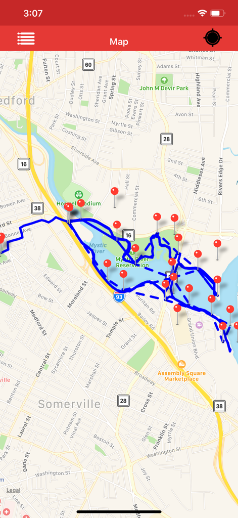 Gpx Viewer-Gpx Converter app - Gpx Viewer app interface showing a blue navigation route and red waypoint markers on a street map