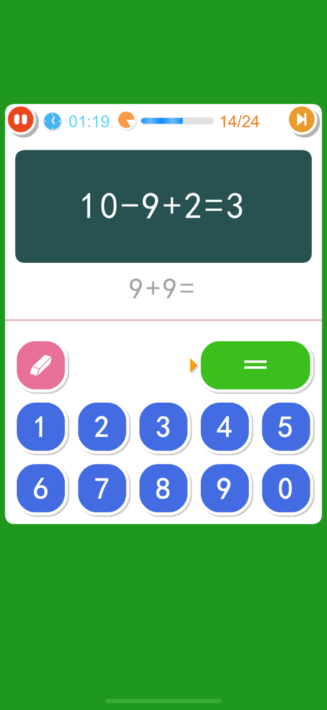1st Grade Math Fun - Interface of the 1st Grade Math Fun app showing addition and subtraction mental math problems with a numerical keypad for kids