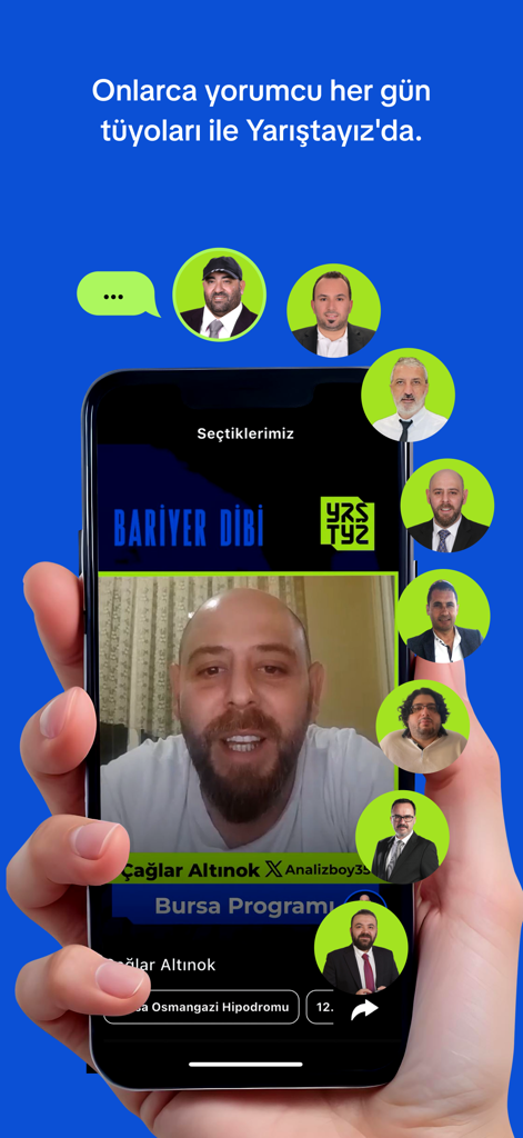 Yarıştayız-TJK Bülten Tüyoları - Smartphone screen displaying horse racing expert video tips and commentator profiles