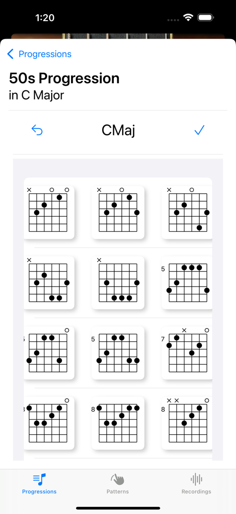 Guitar Elite-Chord Play Center - La pantalla de la aplicación Guitar Elite muestra múltiples diagramas de acordes de guitarra para una progresión de Do Mayor
