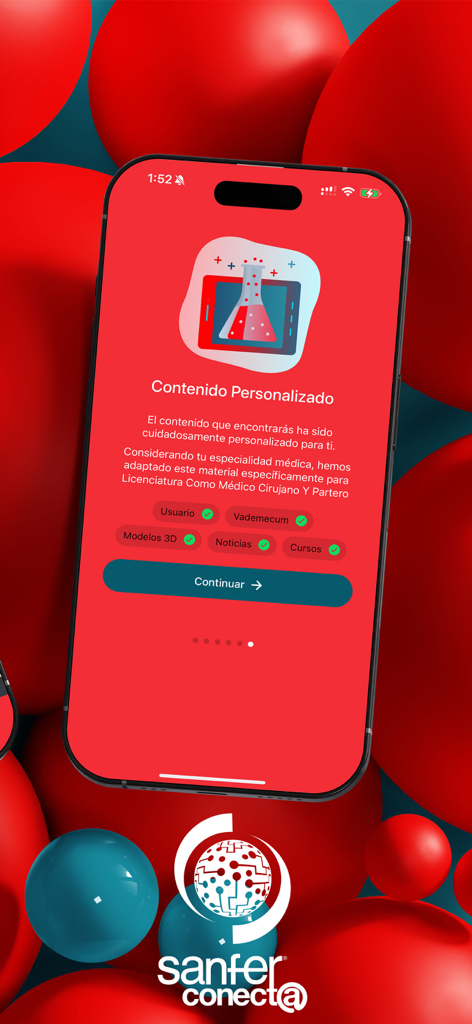 Interfaz de la aplicación Sanfer Conecta mostrando una pantalla de incorporación de contenido personalizado para profesionales médicos.
