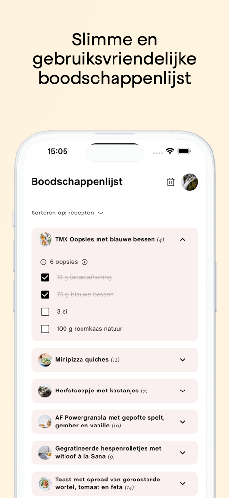 Recepten van Sandra - Un écran de smartphone affichant la fonctionnalité de liste de courses de l'application Recepten van Sandra avec les ingrédients classés par recette.