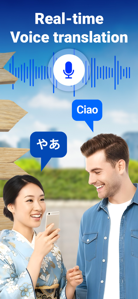 XTranslate - Photo, Voice, PDF - Interfaz de traducción de voz en tiempo real mostrando una conversación entre hablantes de japonés e italiano