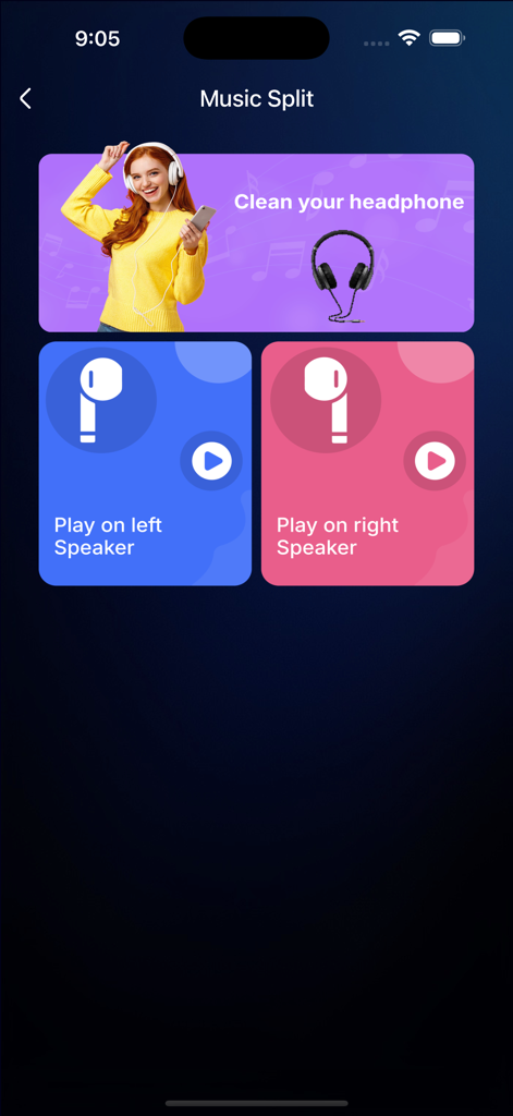Interfaz de una aplicación móvil llamada Music Split que muestra opciones para limpiar auriculares y probar los altavoces izquierdo y derecho individualmente