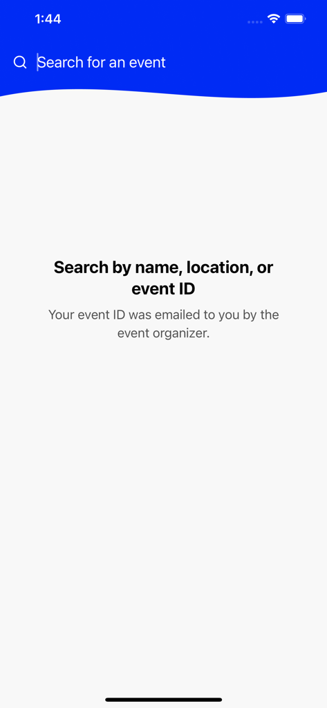 Search interface of the PTC'26 mobile app for finding events by name, location, or unique event ID.