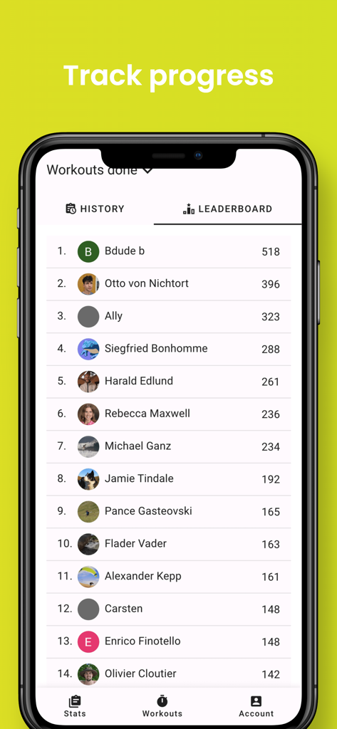 HangTime - Hangboard Training - Leaderboard screen in the HangTime climbing app showing user rankings based on completed workouts.