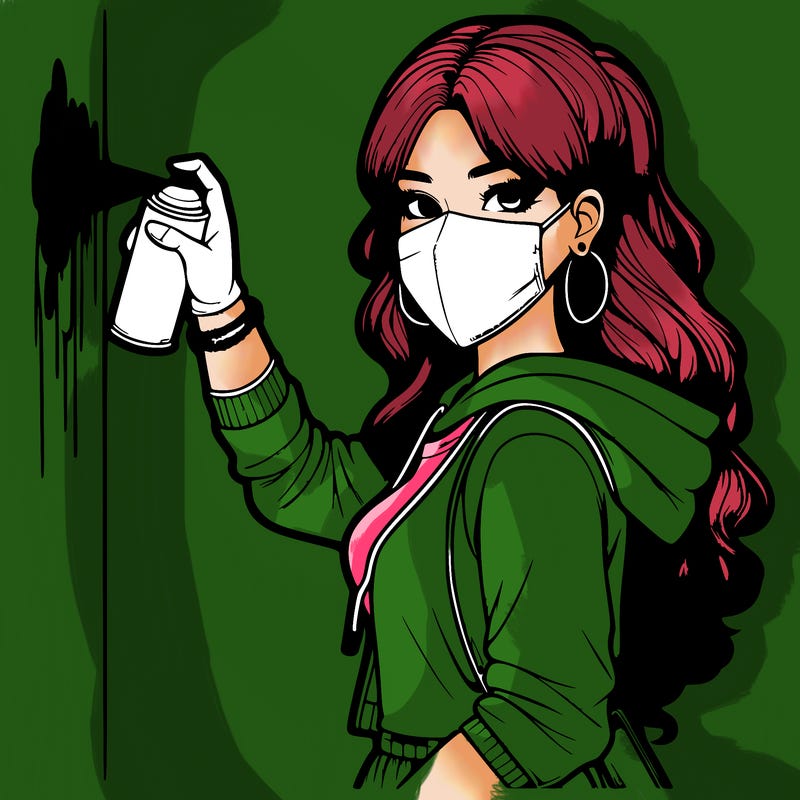 realistic girl with mask spray painting a wall