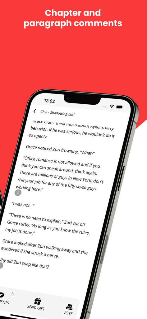 MyFavReads: Novels & Books - MyFavReads mobile app displaying a book chapter with paragraph comments, gifting, and voting options.