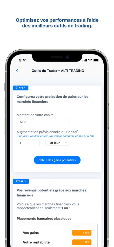 ALTI TRADING - Alti Trading app interface featuring a potential earnings calculator and profit simulation tool
