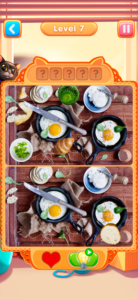 Meow - Find 5 Differences Game - Gameplay screen of Meow Find 5 Differences showing a breakfast table level with eggs and pastries