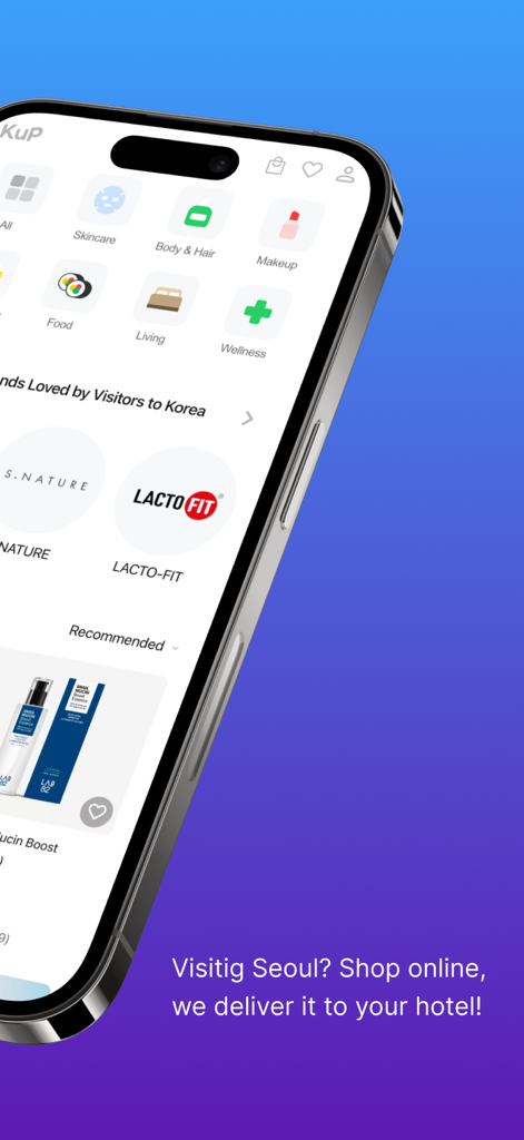 KuP – Shop & Deliver to Hotel - KuP mobile app interface showing various shopping categories and popular Korean brands with a hotel delivery service message.