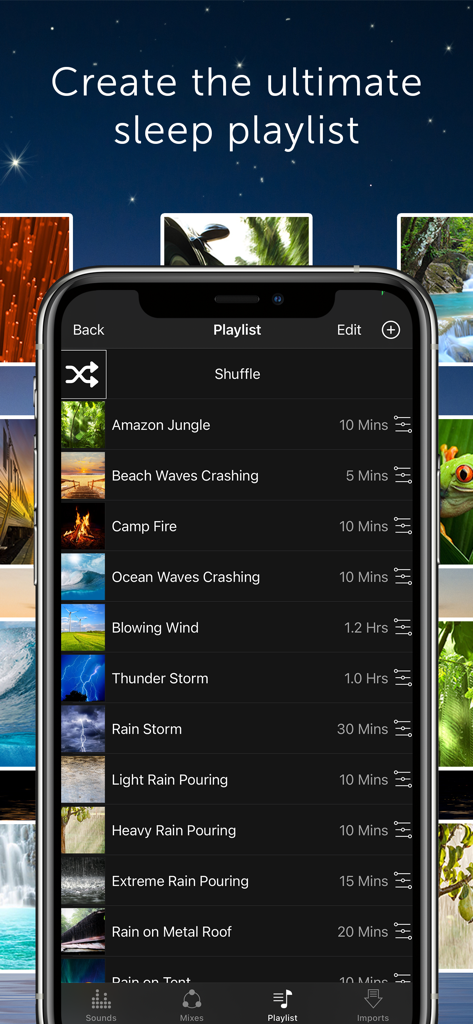 White Noise Pro - Smartphone screen displaying the custom sleep playlist feature of the White Noise Pro app
