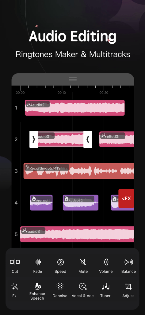 Mobile audio editor interface showing a multitrack timeline with waveforms and music editing tools