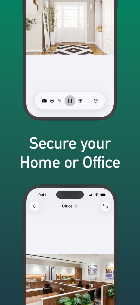 IP Camera Viewer - IPCams - IPCams app interface showing home and office security camera feeds on mobile devices