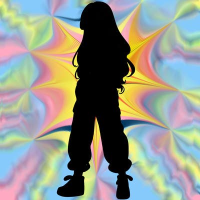 girl in baggy pants crop top and long hair