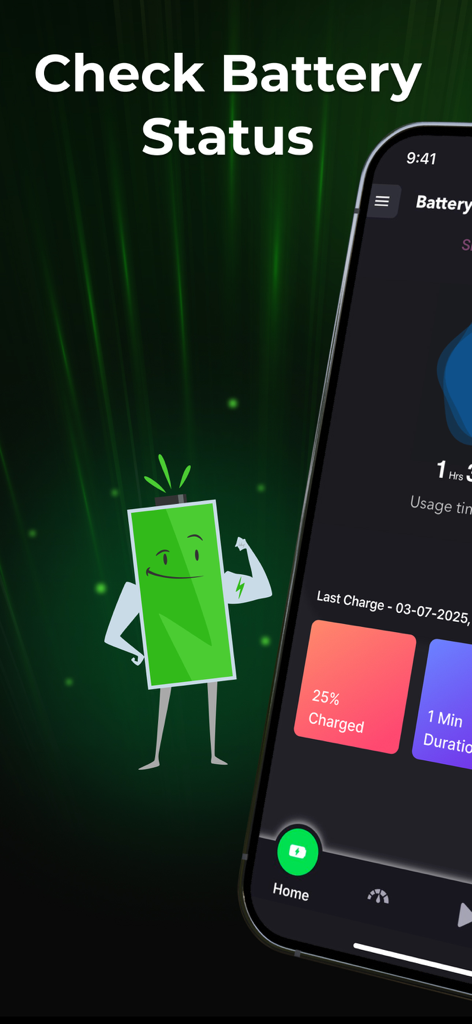 Battery Life Status, Saver - Smartphone screen displaying battery health metrics and a strong cartoon battery character.